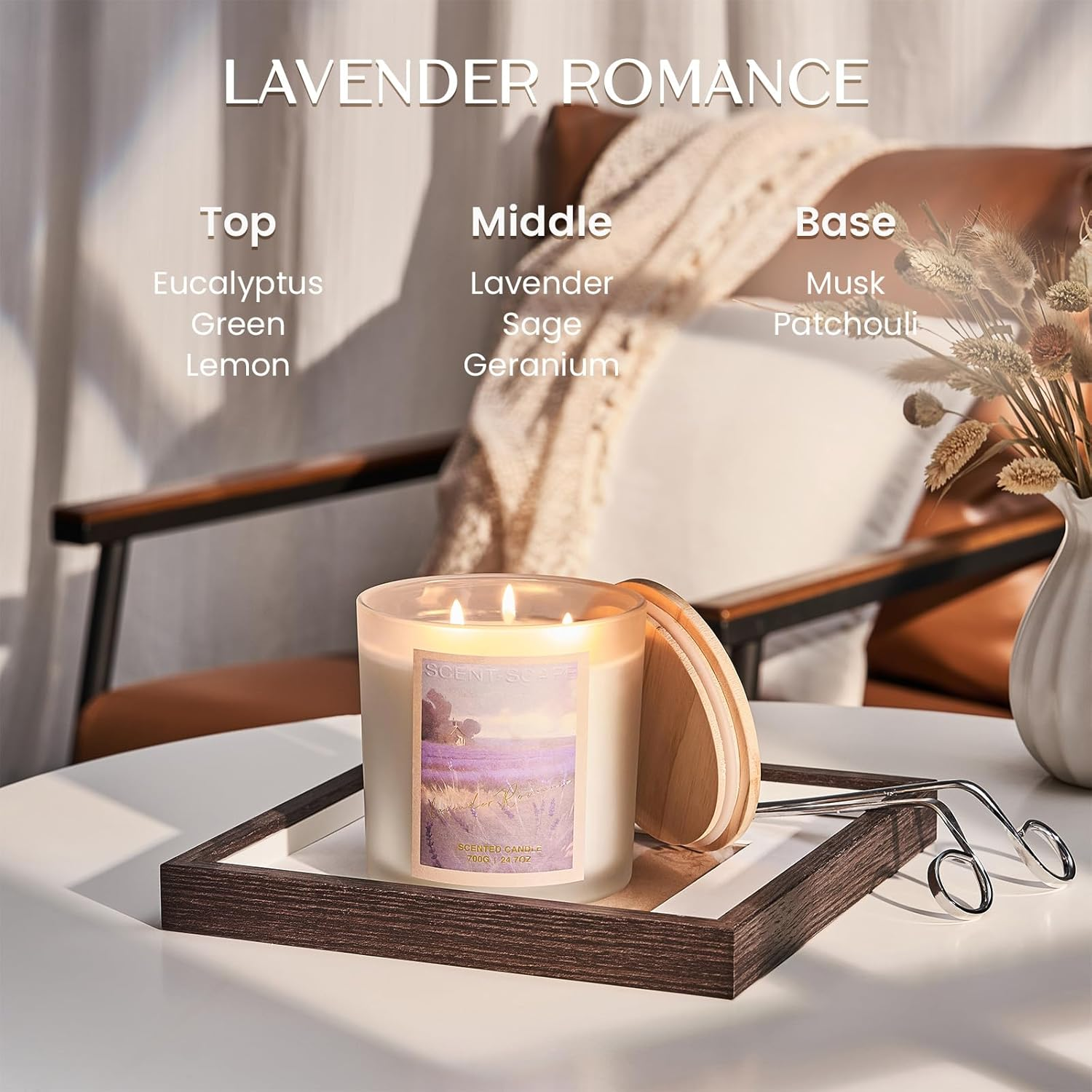 M&SENSE Large Scented Candles 3 Wick Lavender Candle, 24.7Oz /700G Soy Candle with Wooden Lid, 120 Hours Long-Lasting Burn, Jar Candle for Home Fragrance image number 3