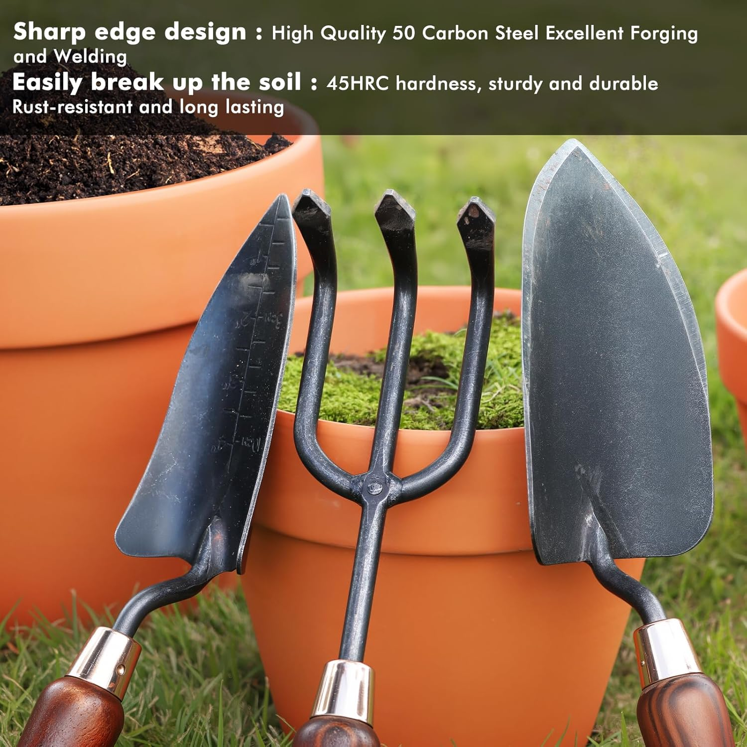 RESTMO 3-Pieces Gardening Tool Set (Trowel, Transplanter & Cultivator), 50 Carbon Steel & Ergonomic Wooden Handles, Gardening Trowels, Complete Garden Gift Set for Digging, Planting & Soil Aeration image number 3