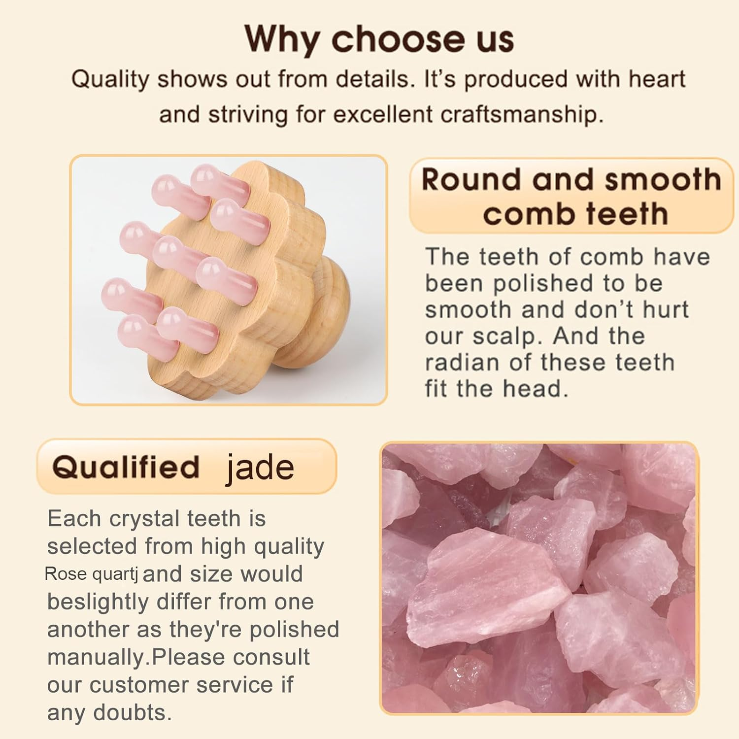 Scalp Massager,Head Scalp Comb,Rose Quartz Tooth-Wooden Comb for Head Stress Relax Massage Tool for Hair Growth Relieve Headaches image number 1
