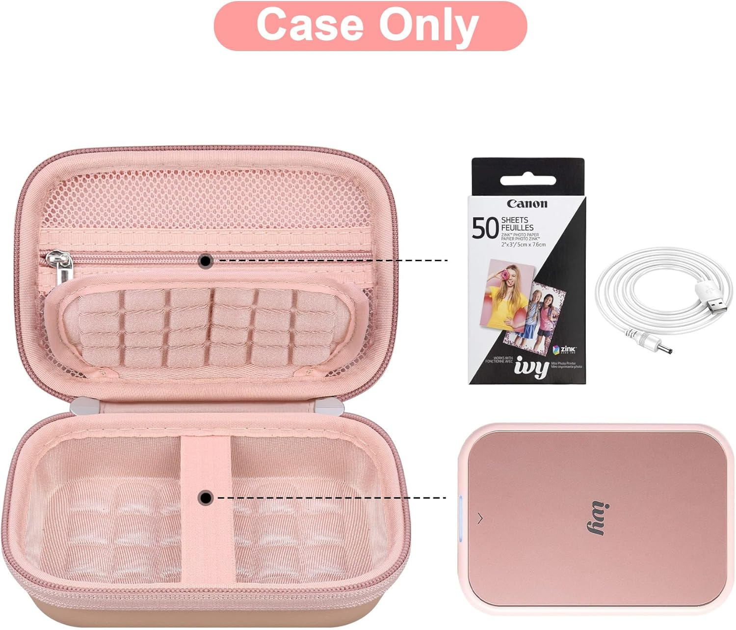 Canboc Hard Case for Canon Ivy 2/ Canon Zoemini 2 Mini Photo Printer Mobile Wireless Bluetooth Instant Camera Printer, Zipper Mesh Bag Fit Photo Paper Cable, Rose Gold - Pink image number 5