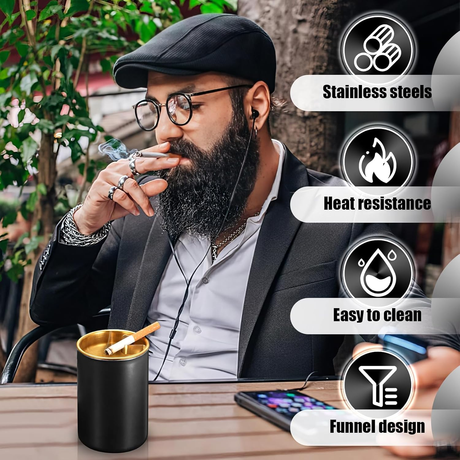 Ashtray, Detachable Ashtray, Stainless Steel Car Ashtray for Outdoor, Travel, Home, Office (Black) image number 2