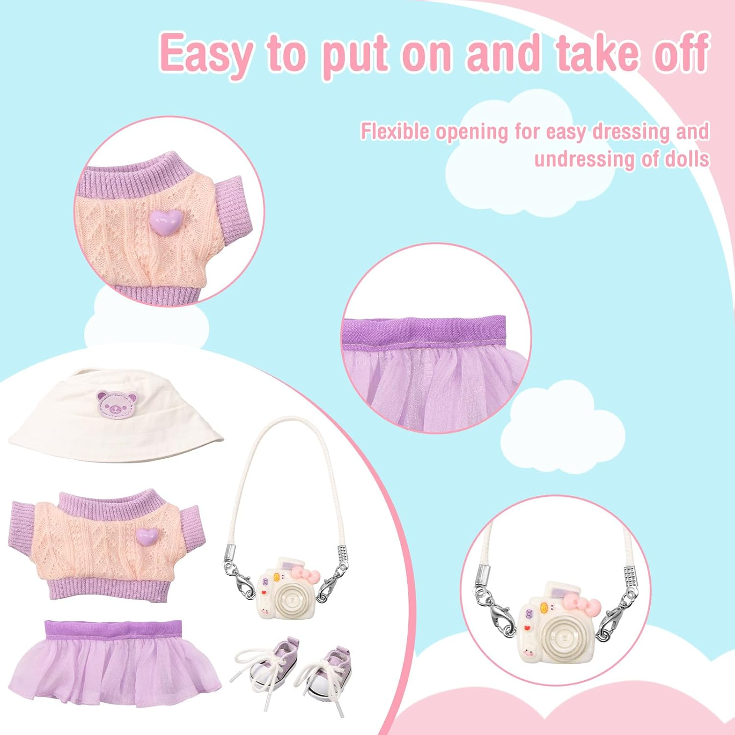 Fwqofvk Clothes Kit for Pendant, Cute Clothes Suit, Exquisite Small Clothes Set Includes Hat, Sweater, Skirt,Camera Model and Shoes for Girl Boy Kid Birthday Present (Purple) image number 1