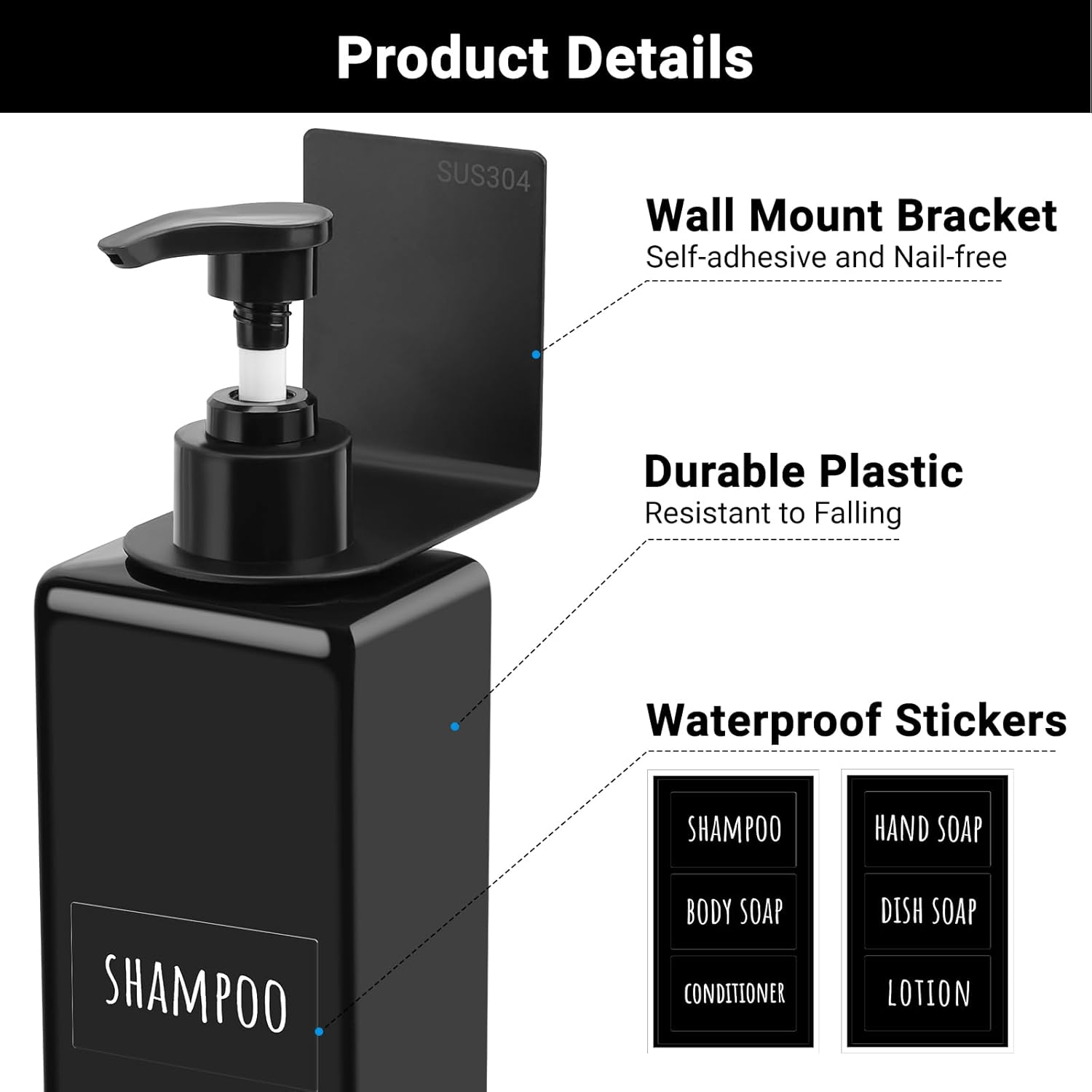 Segbeauty Wall Mounted Soap Dispenser, 3Pcs 500Ml Hand Soap Dispenser, Empty Shower Bottles, No Drilling Pump Dispenser with Labels, for Kitchen and Bathroom (Black) - White image number 6