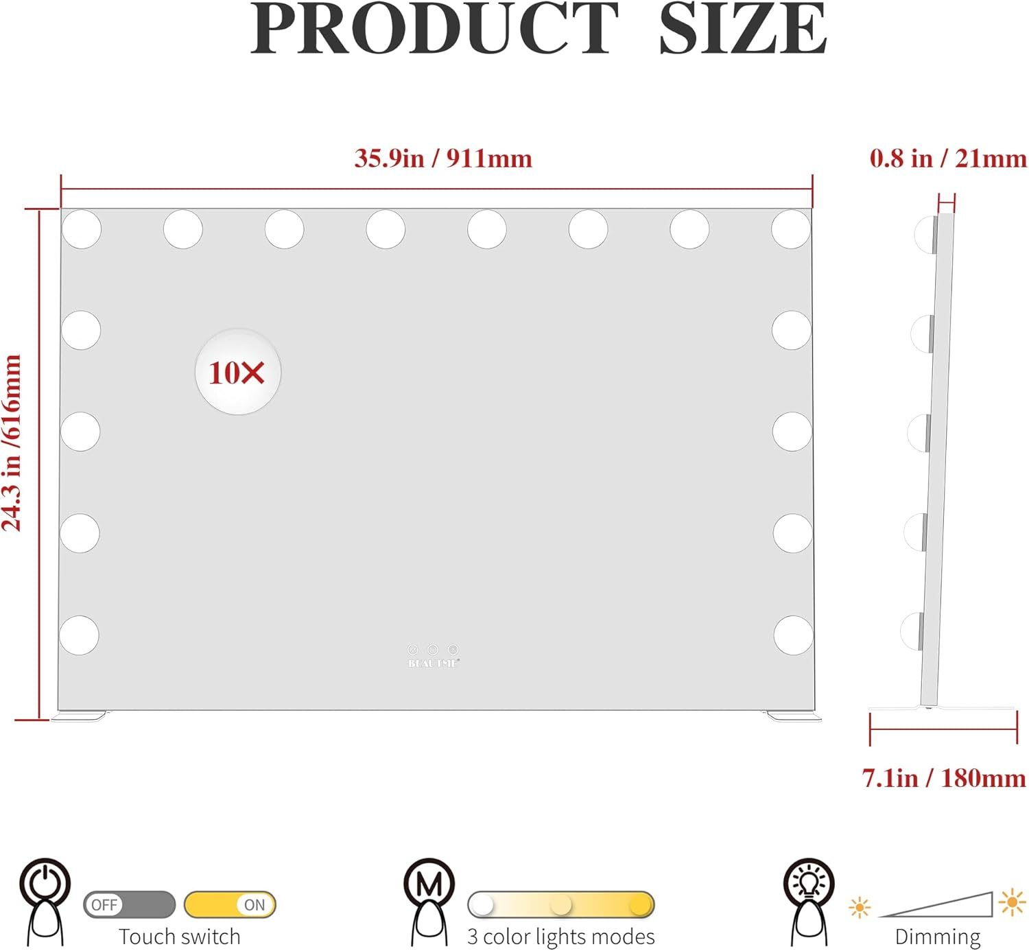 LETSFIELD Hollywood Mirror 91 X 62 Cm, Large Vanity Mirror with 16 Dimmable Lights for Bedroom, Desk Mirror or Wall Mounted Makeup Mirror, Including 10X Magnifying Mirror (Silver)