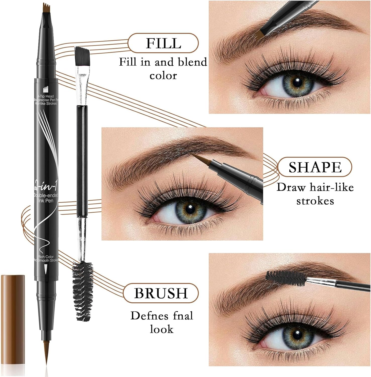 Eyebrow Pencil，Natural Looking Pencil with 4-Fork Tip and Eyeliner Dual Ended 2-In-1 Long Lasting, Waterproof and Smudge Proof (Light Brown) image number 4
