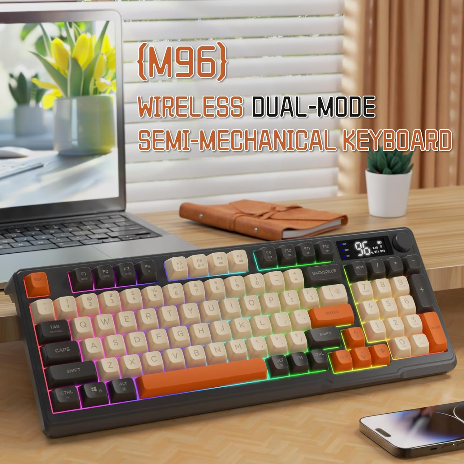 Lexonelec M96 Wireless Gaming Keyboard,94-Key Layout with Multimedia Knob,2.4G/Wireless Dual-Mode,Pbt Three-Color Ball Cap and Cool Colored Light, with LED Electronic Display for PC Gamers (Shimmer) image number 2
