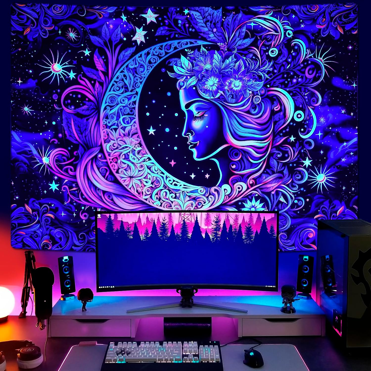 Blacklight Tapestry UV Reactive Moon and Star Mandala Boho Wall Hanging for Bedroom (59.1 X 59.1 Inches) image number 5