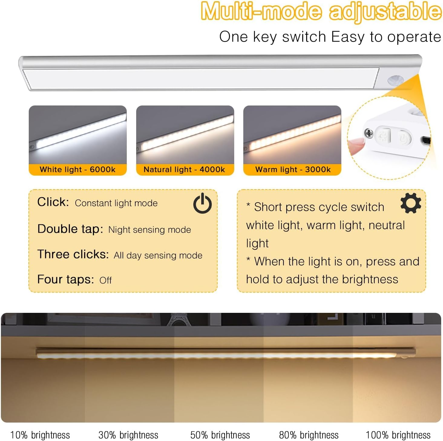 Yakiter Motion Sensor Closet LED Lights, 2 Packs 3-Color Dimming 2500Mh Rechargeable under Cabinet Night Light, 30Cm Slim Magnetic Closet Light, Wireless Light for Kitchen, Staircase, Wardrobe(2) image number 2