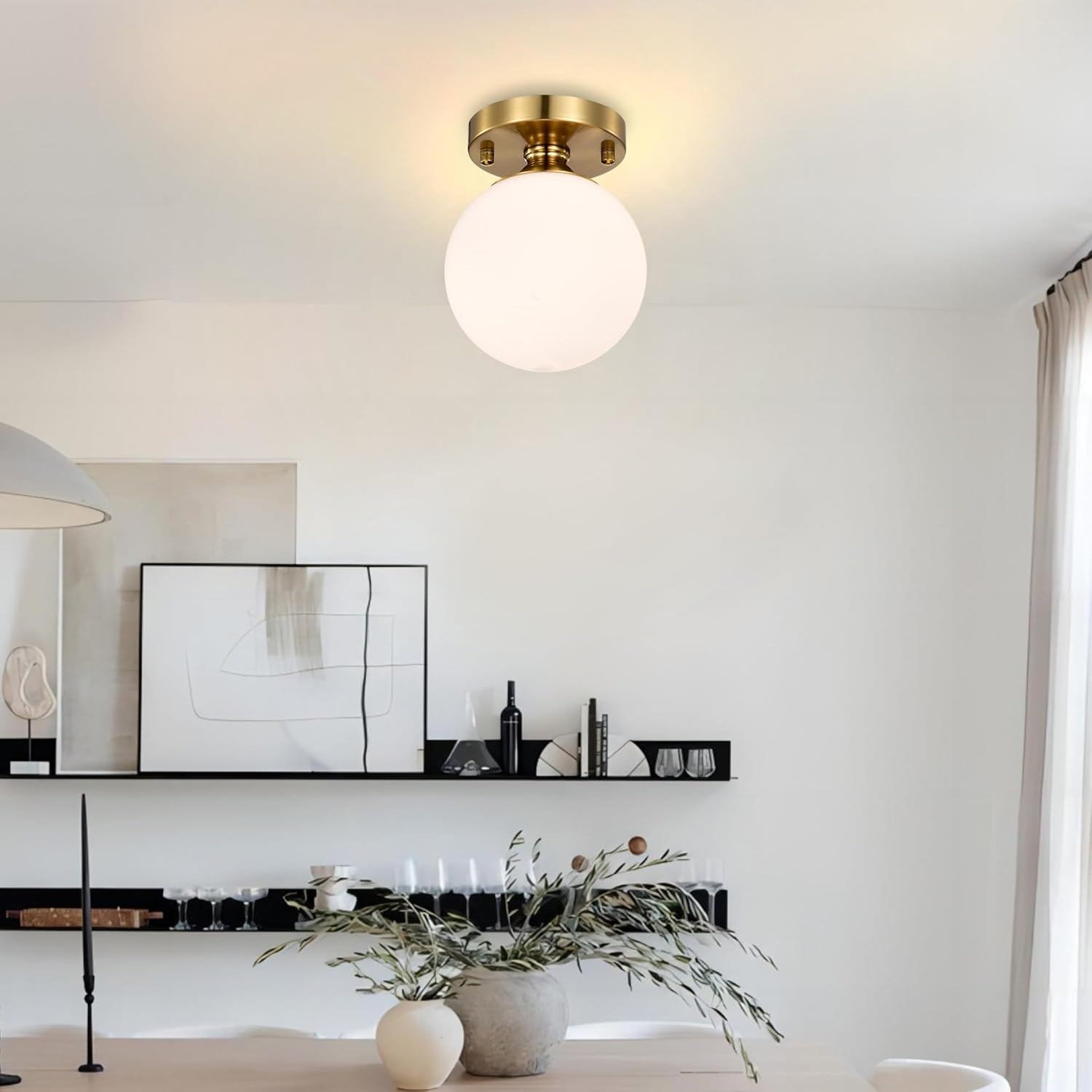 Gold Semi Flush Mount Ceiling Light 15Cm Globe Opal Glass Shade Mid Century Modern Hallway Light Fixture for Entryway Closet Bathroom Bedroom Laundry Room Easy Install image number 2