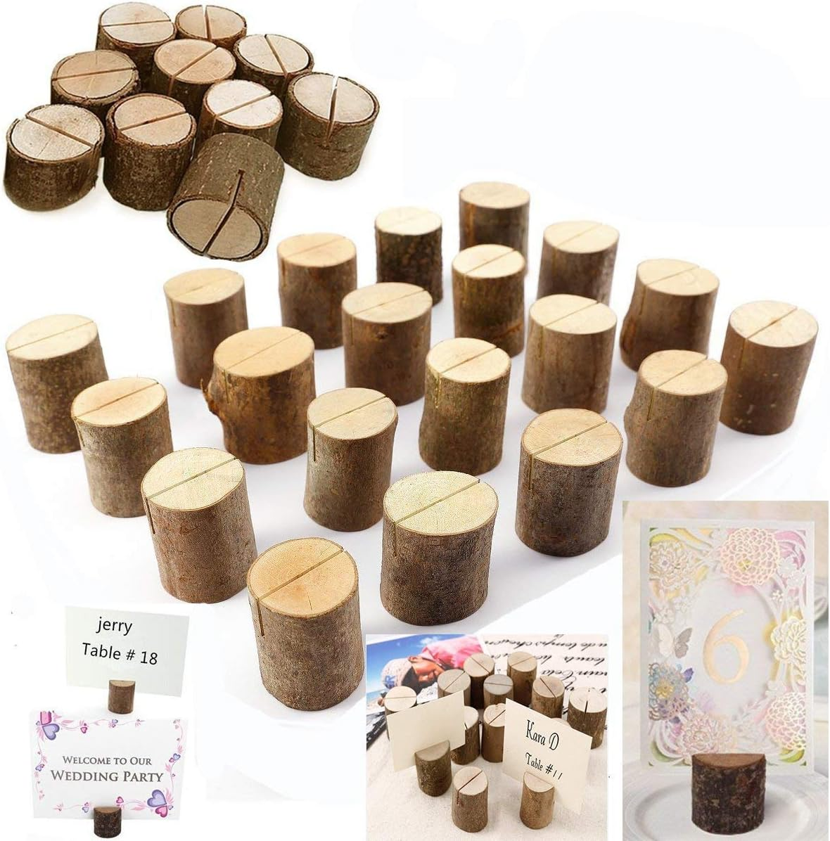 OBLEGY 10Pcs Wood Place Card Holders and 10Pcs Kraft Table Name Place Cards, Natural Log Table Number Stands Food Labels Dinner Decor Photo Holders for Christmas, Weddings, Birthday, Party Supplies image number 2