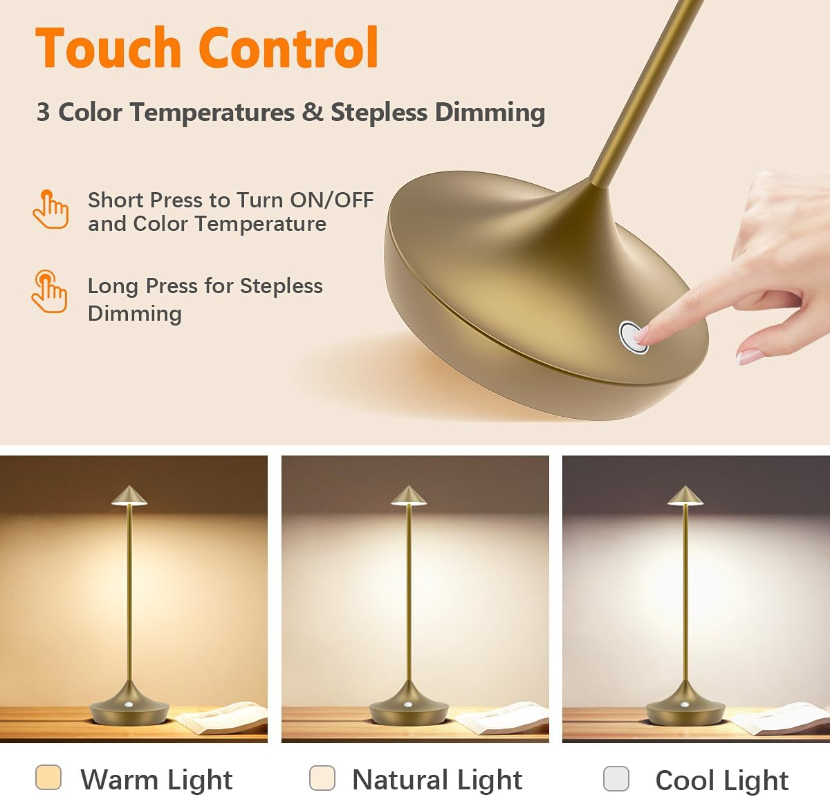 Bravzurg LED Battery Table Lamp Wireless Set of 2, Modern Dimmable Wireless Table Lamp 6000 Mah, Aluminium, Waterproof, Table Lamps Rechargeable for Outdoor Indoor Restaurant Bedside Table Patio - Bronze image number 6