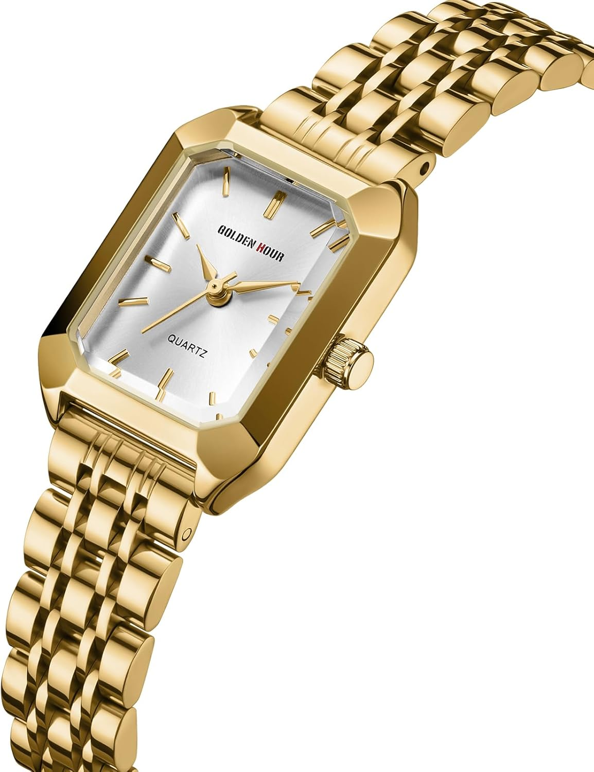 GOLDEN HOUR Women'S Rectangular Quartz Analogue Watch, Ladies Watches with Stainless Steel Band Fashion Casual Dress Waterproof Vintage Wrist Watches for Women - Gold White image number 4
