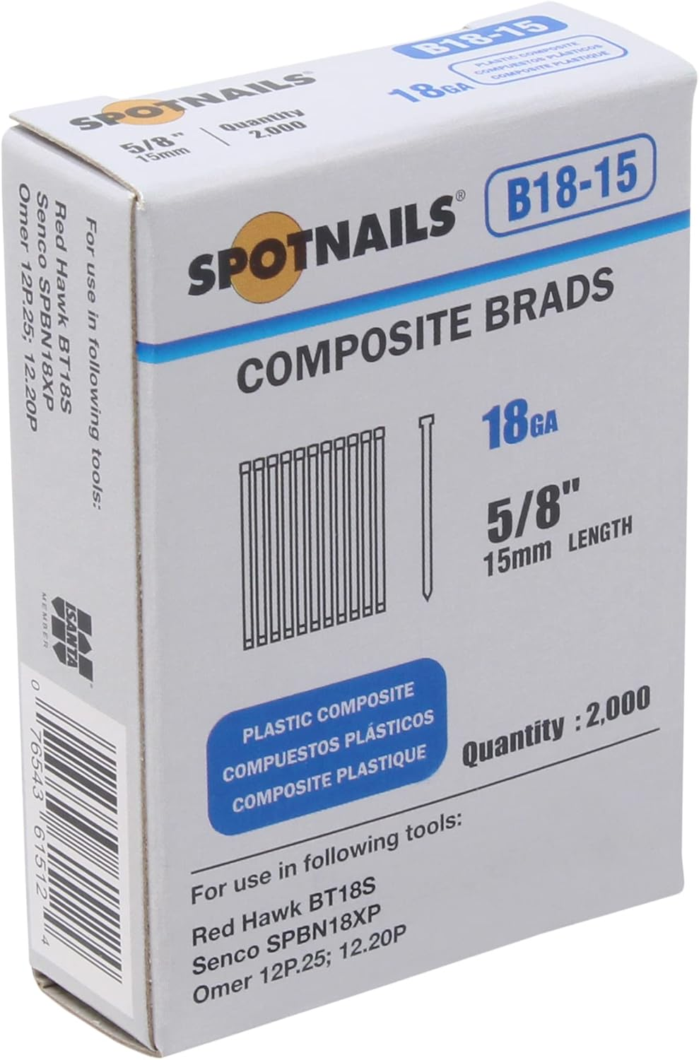 Spotnails B18-15 18GA 5/8" Leg Composite Brads 2000 Count