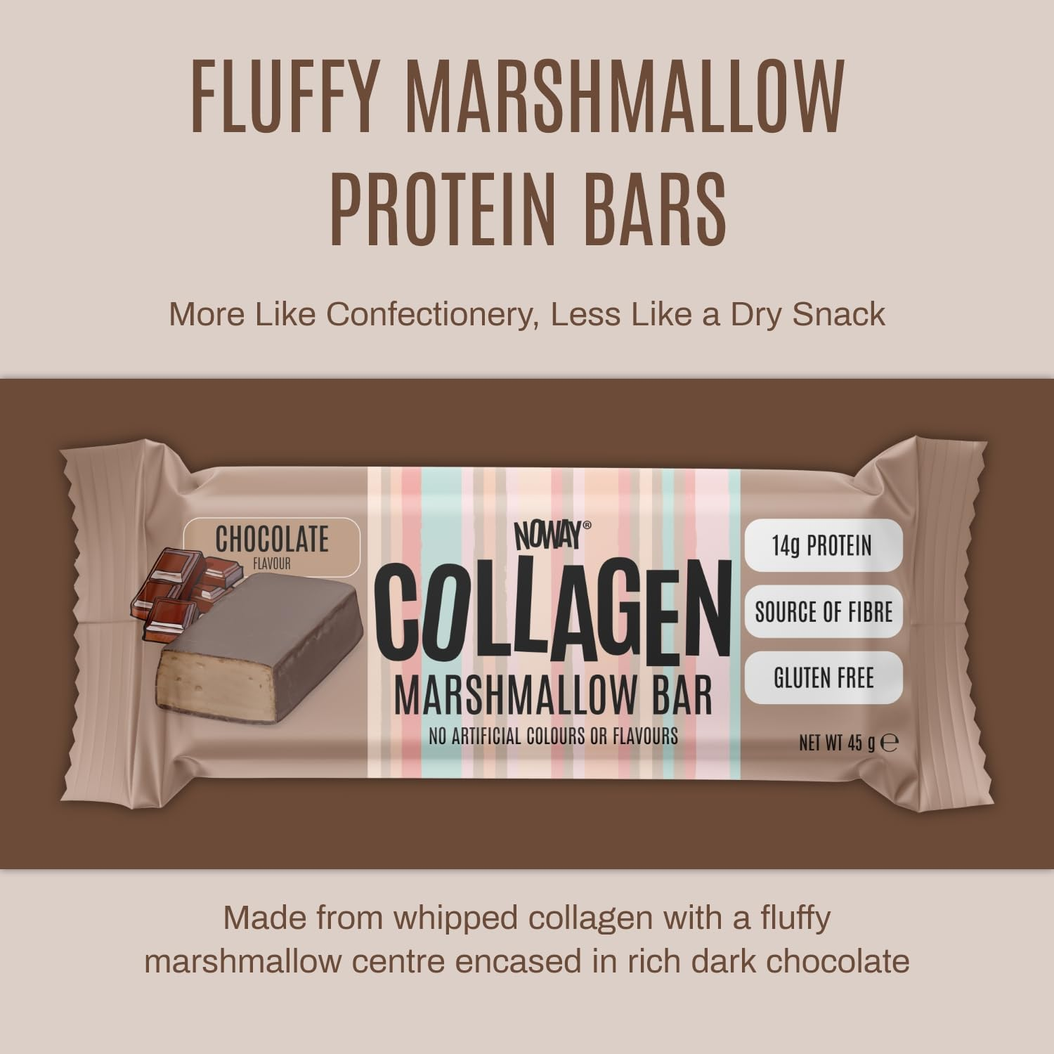 NOWAY&reg; Collagen Marshmallow Protein Bars, Protein Snack, Gut-Friendly Protein Bar, Contains Protein and Fibre, Gluten-Free. Soy-Free, Nut-Free Flavour: Chocolate, Pack of 12 image number 3