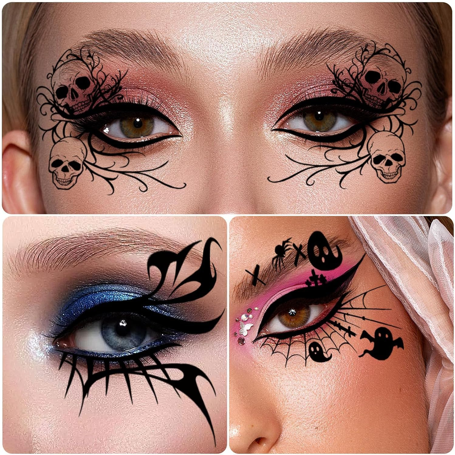 Halloween Eye Shadow Temporary Tattoos Eyeliner Tattoo Stickers Spider Web Bat Pattern Eyeliner Fake Tattoos for Women Men Face Eye Makeup Halloween Decals Party Supplies (Style A-10Pcs, One Size) image number 4