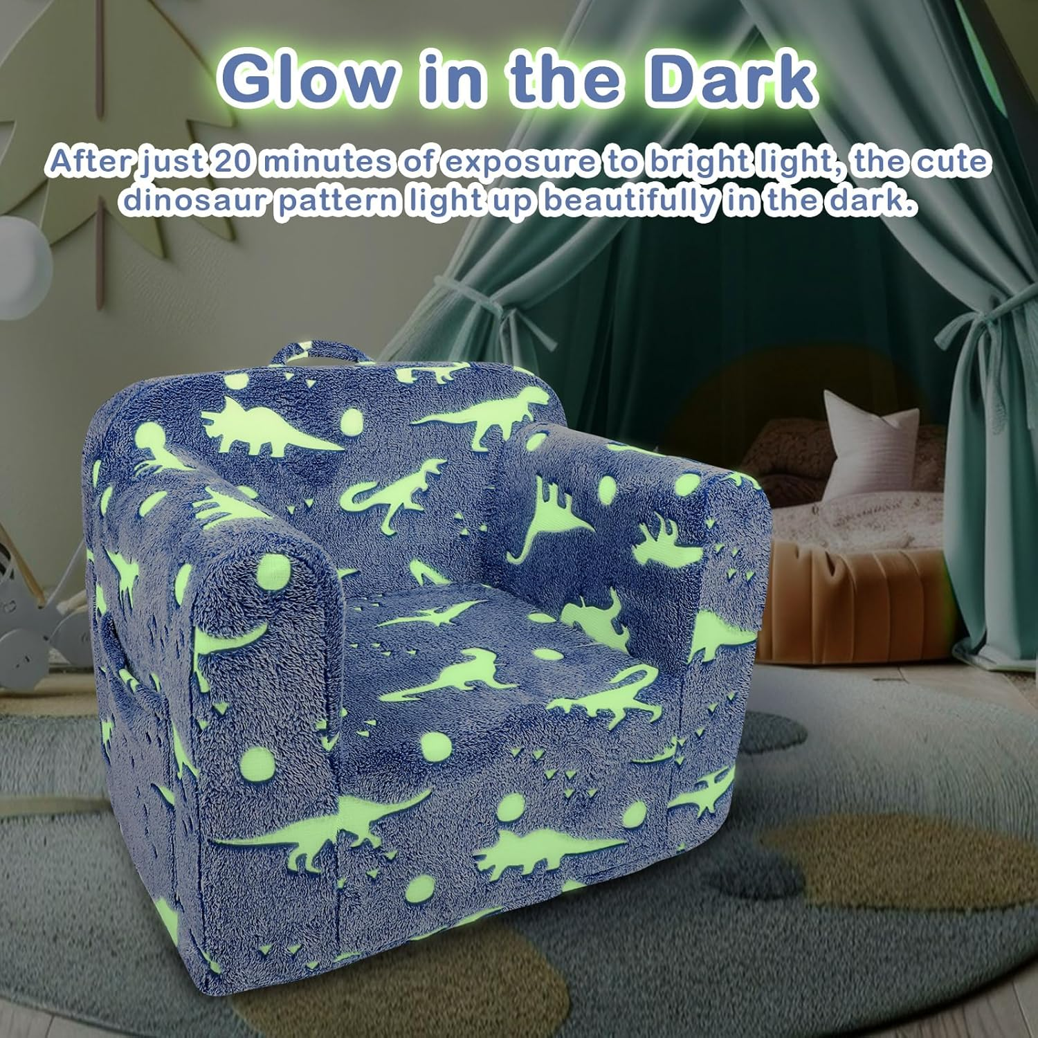 TANOFAR Kids Couch, Toddler Chairs Comfy, Kids Sofa for Boys Ages 1-6, Toddler Foam Couch Glow in the Dark, Soft Comfortable, Cute Dinosaurs image number 1