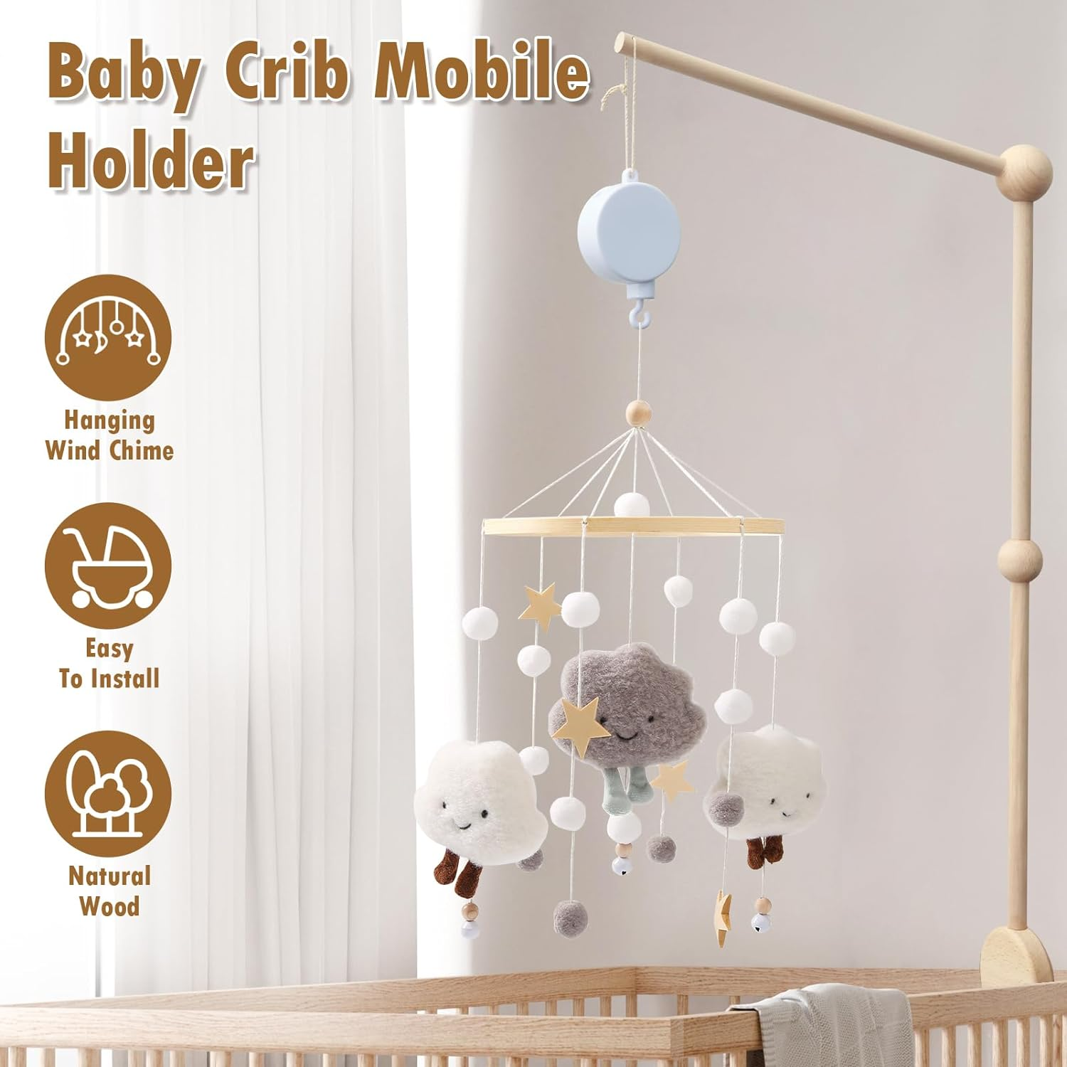 Baby Crib Mobile Arm 27Inch Wooden Crib Mobile Holder with Clockwork Music Box anti Slip Baby Mobile Holder Arm Safe Nursery Baby Mobile Hanger for Crib Baby Bed Nursery Decor