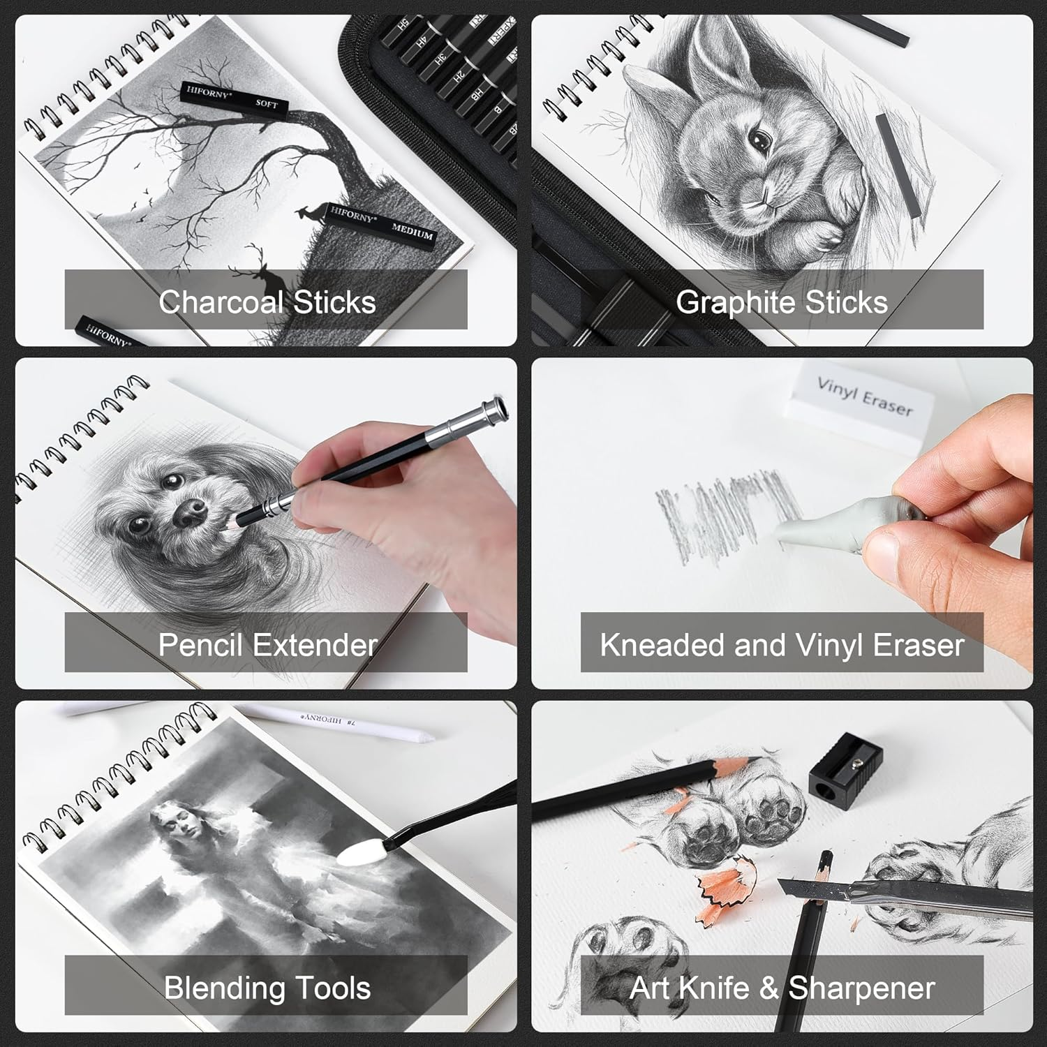 HIFORNY 42 PCS Drawing Set, Sketching Kit with Graphite & Charcoal Pencils, Blending Tools, Erasers & Accessories, Portable Zippered Travel Case for Artists & Beginners image number 2