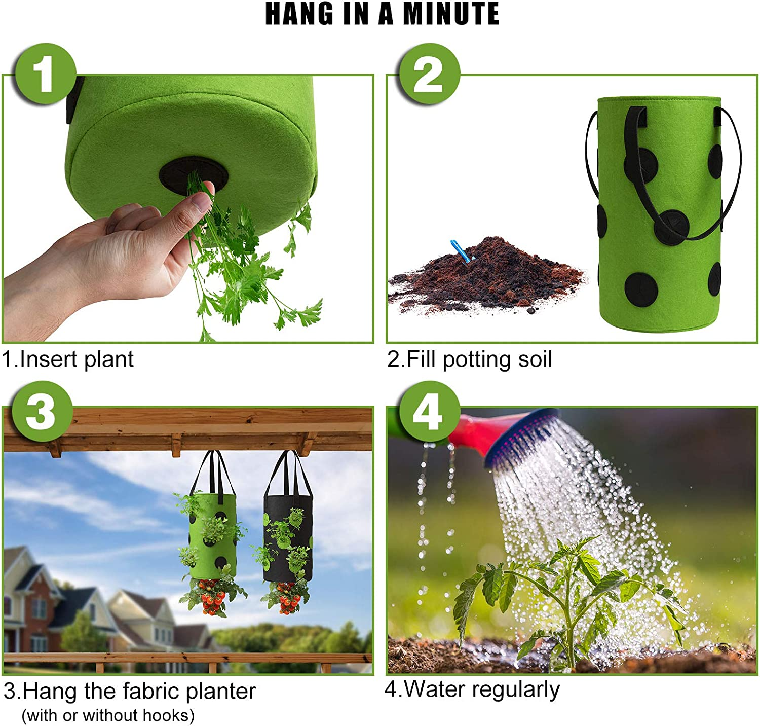 2 Pack Black and Green Upside down Tomato & Herb Planter, Hanging Durable Aeration Fabric Strawberry Planter Bags image number 4