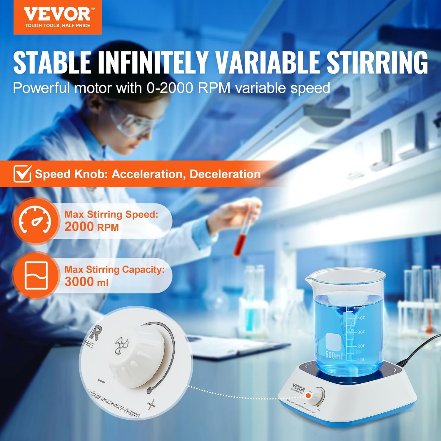 VEVOR Magnetic Stirrer, 0-2000 RPM Stir Plate with Adjustable Speed Knob, 3000Ml Plate Stirrer Kit, Stir Bar Included image number 4