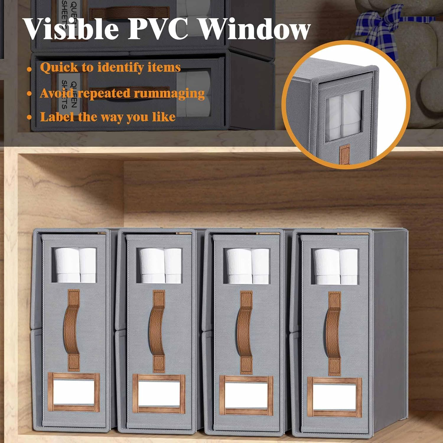 4 Pack Bed Sheet Organisers Box with Windows Foldable for Closets Wardrobe and Home Linen Storage (Grey) image number 1