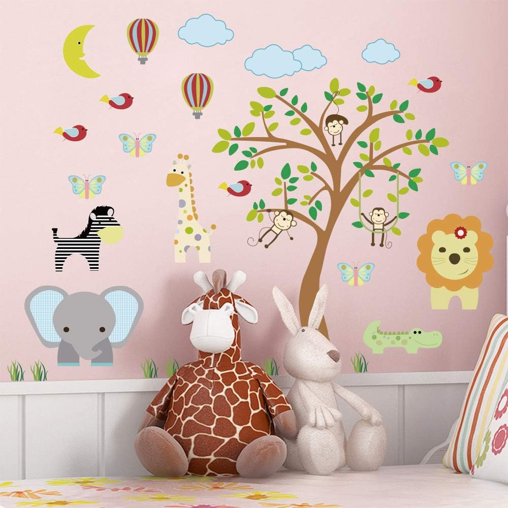 Supzone Jungle Animal Wall Stickers Monkey Tree Wall Decals Elephant Giraffe Zebra Vinyl Forest Animal Wall Stickers DIY Removable Home Decoration Baby Nursery Girl Boy Kids Room Wall Decor image number 2