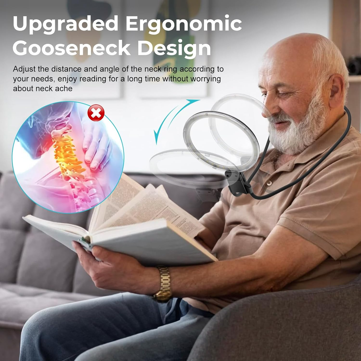 5X Magnifying Glass with 36 LED Light, 5.2 Inch Large Magnifier with 3 Light Modes Hands Free, Neckwear Magnifying Glass with Flexible Gooseneck for Close Work, Reading, Sewing Low Vision Seniors image number 4