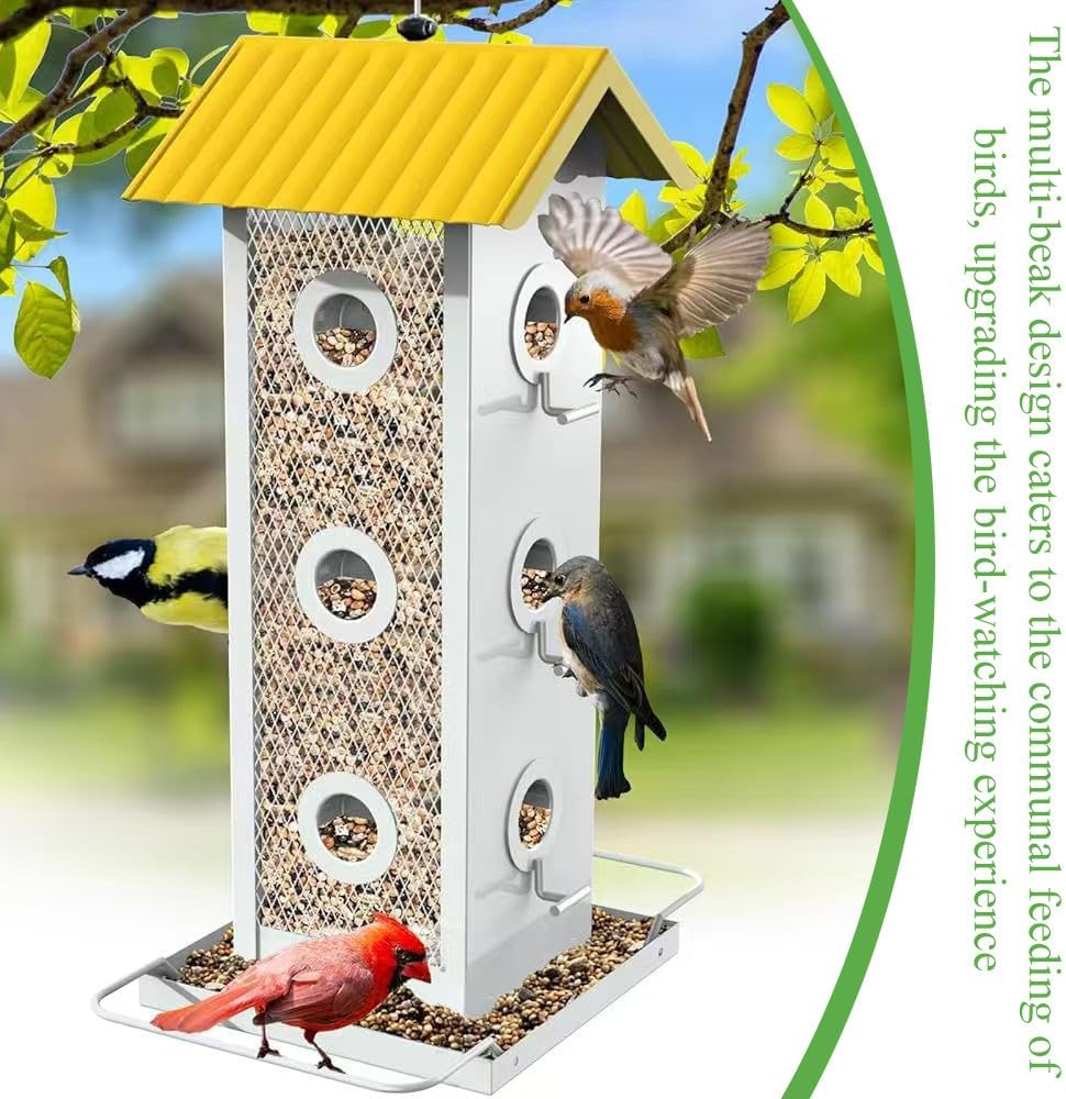 Bird Feeder,Bird Feeders,Garden Bird Feeder,Metal Birds Feed Tool,For Outdoors Double Side,Pet Supplies,Bird Supplies,For Attracting Wild Birds,With Weatherproof Roof and Seed Tray,Yellow image number 3