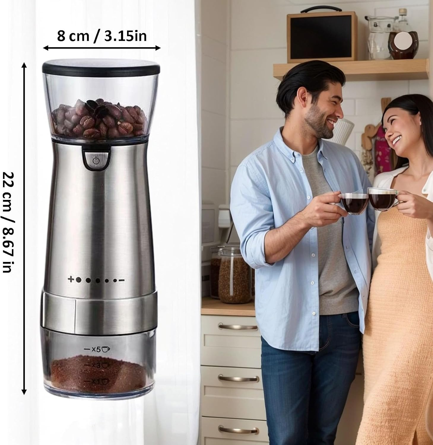 Portable Electric Coffee Grinder Stainless Steel Body Ceramic Burr Grinder 5 Grind Settings USB Rechargeable One-Touch Operation