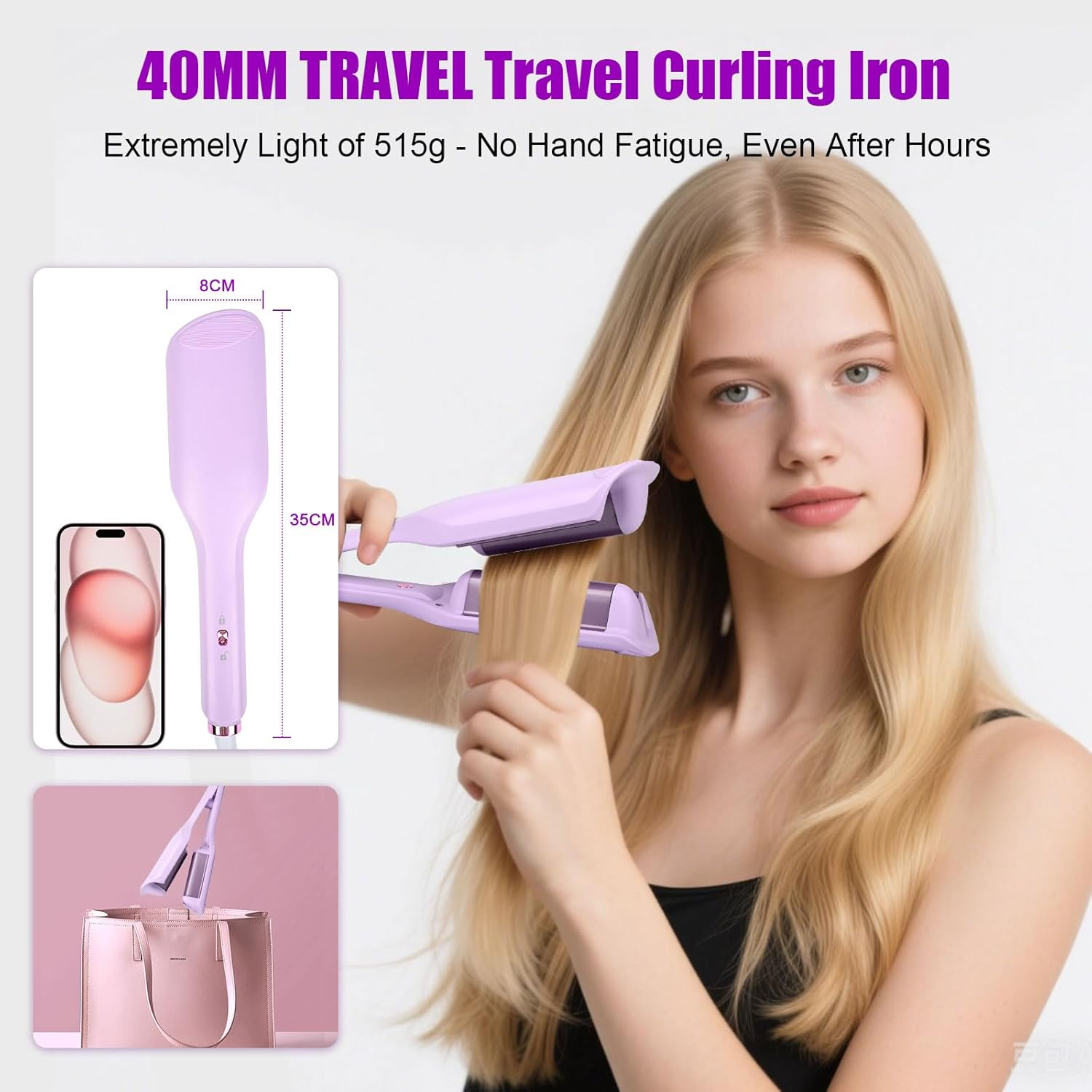 UOEPOWA 40Mm Wave Curling Iron, Deep Waver Curling Iron, Ionic Beach Waves Curling Wand with Ceramic Tourmaline Barrel, Dual Voltage, Anti-Scalding Fast Heating for Short and Long Hair (Purple) - Purple image number 3