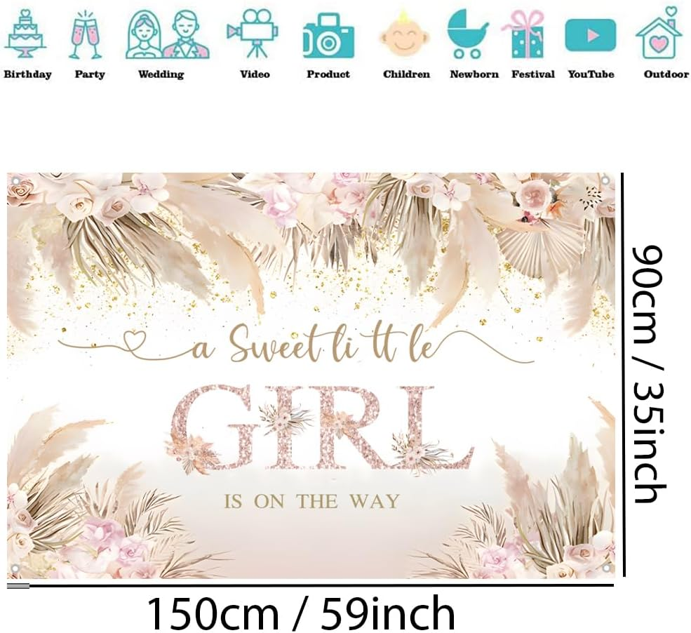 A Sweet Little Girl Is on the Way Baby Welcome Backdrop Pink Flowers Baby Shower Photography Background Flower Baby Girl Party Decorations Party Banner Fabric Sign Poster image number 3