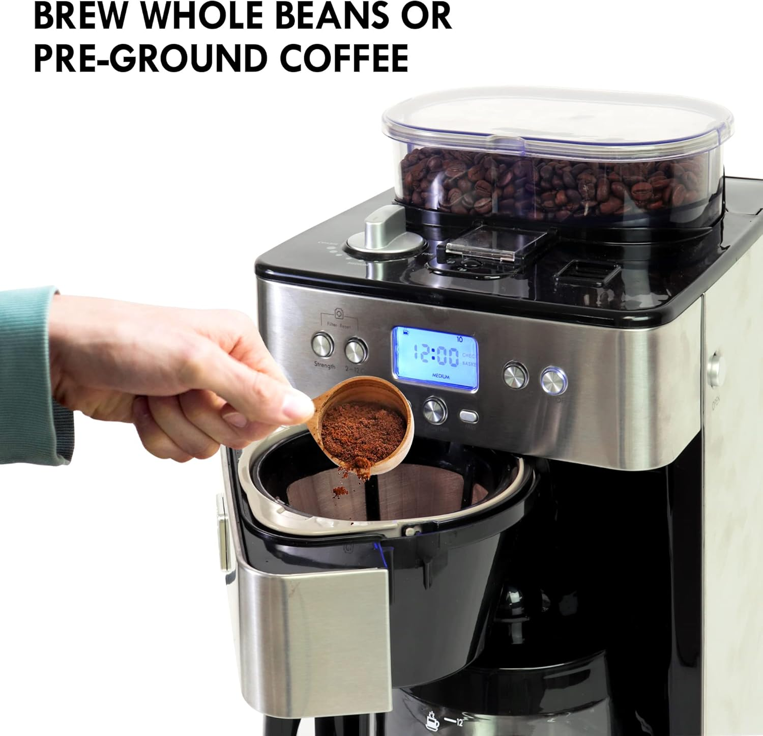 Kenmore Elite Grind and Brew Coffee Maker W/Burr Grinder, 12 Cup Programmable Automatic Timer, Air-Tight Bean Hopper, Grind Size and Brew Strength Selectors, Stainless Steel image number 4