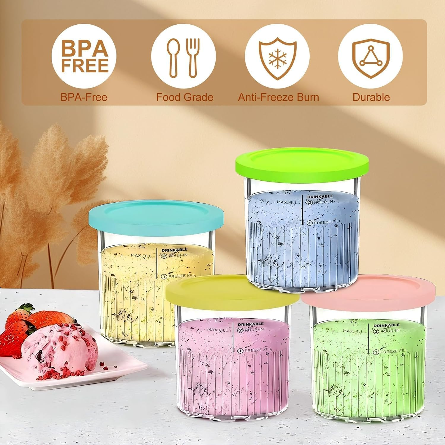 4 Pack Creami Pints and Lids for Ninja, for NC501 NC500 Creamy Icecream Containers Cups Jars Tubs Canisters Set, Smoothie Pot Compatible with NC501 NC500 Series Creamer Ice Cream Maker Machinease. image number 6