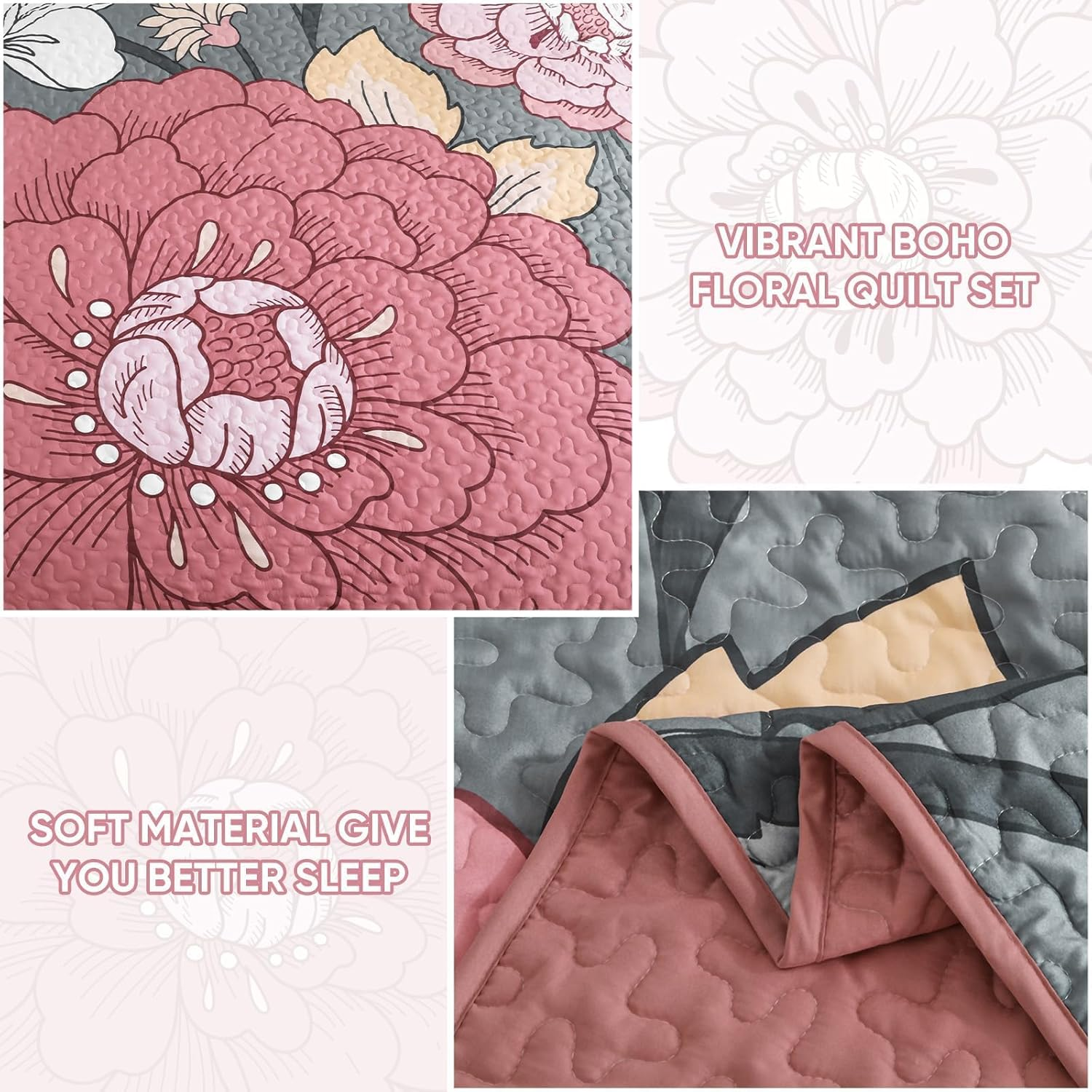 DJY Floral Quilt Set King Size Grey Pink Boho Flower Bedspread Coverlet Set 3 Pieces Soft Microfiber Farmhouse Botanical Bohemian Bedding Set with 2 Pillowcases for All Season (110''X90'') image number 2