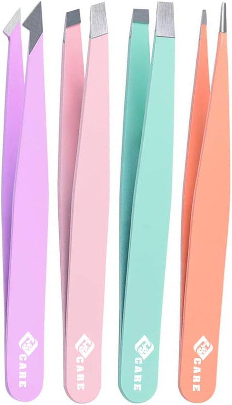 Beauty Eyebrow Tweezers Set Stainless Steel Slanted and Pointed Tip Hairs Tweezer Set Eyebrows Plucking Eyelash Extension Ingrown Hair Remover Tools 4Pcs Set image number 1