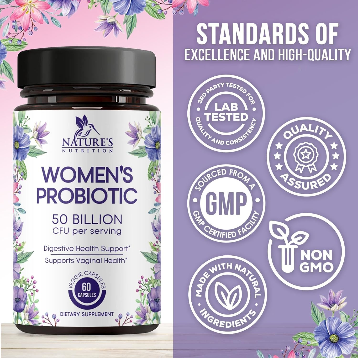 Nature'S Nutrition Women&rsquo;S Probiotics 50 Billion CFU Guaranteed, Vegan Probiotic Strains, Supports Womens Digestive, Immune, Vaginal, & Urinary Health, Delayed Release, No Soy Gluten 60 Capsules
