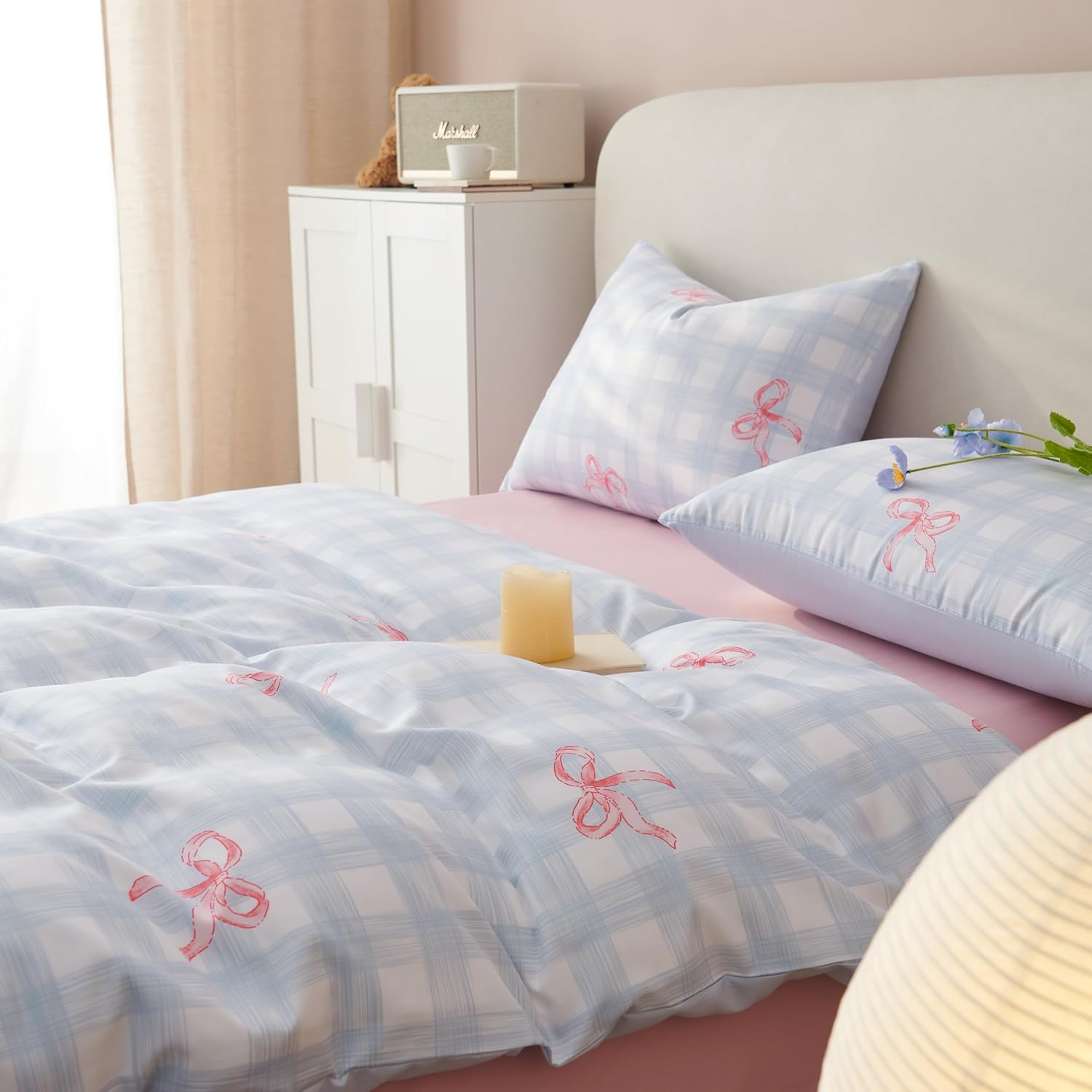 Bildenly Duvet Cover Queen Size Blue Plaid Pink Bowknot Pattern Bedding Set 3 Piece Kids Girls Kawaii Cute Romantic Soft Microfiber Reversible Comforter Cover with Zipper Closure and 2 Pillow Shams image number 2