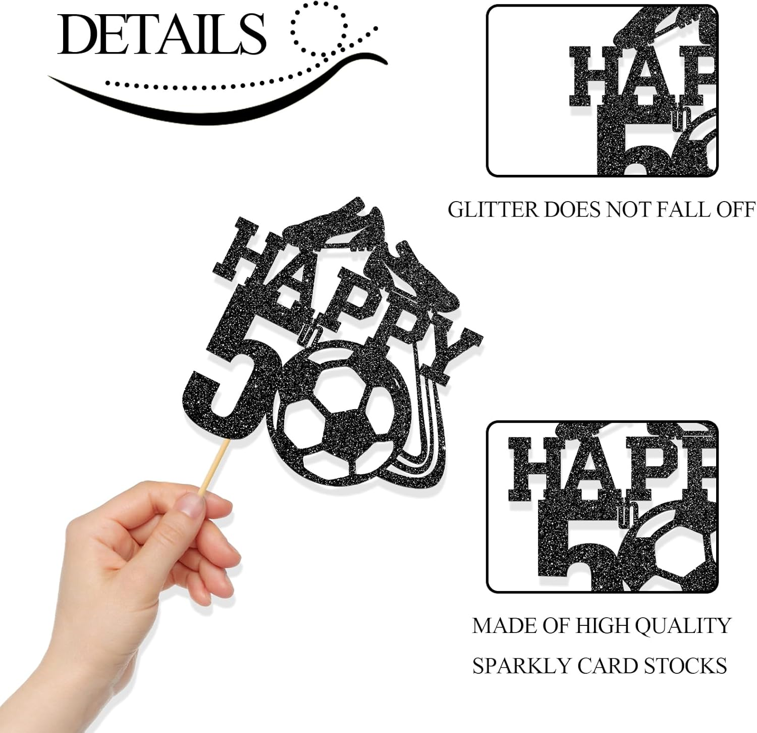 Monmon & Craft Soccer 5Th Birthday Cake Topper/Sport Theme Soccer Ball Cake Docer/Soccer Player Boy 5Th Birthday Party Decorations - Black Glitter image number 4