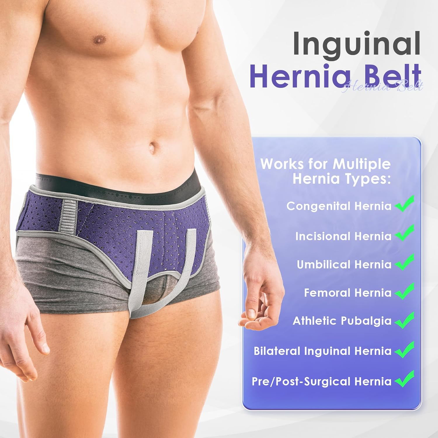 Unisex Hernia Support Belt - Designed for Bilateral/Double-Sided Inguinal Hernias Supportive Groin-Protecting Underwear with Adjustable Straps Featuring 2 Removable Compression Pads image number 1