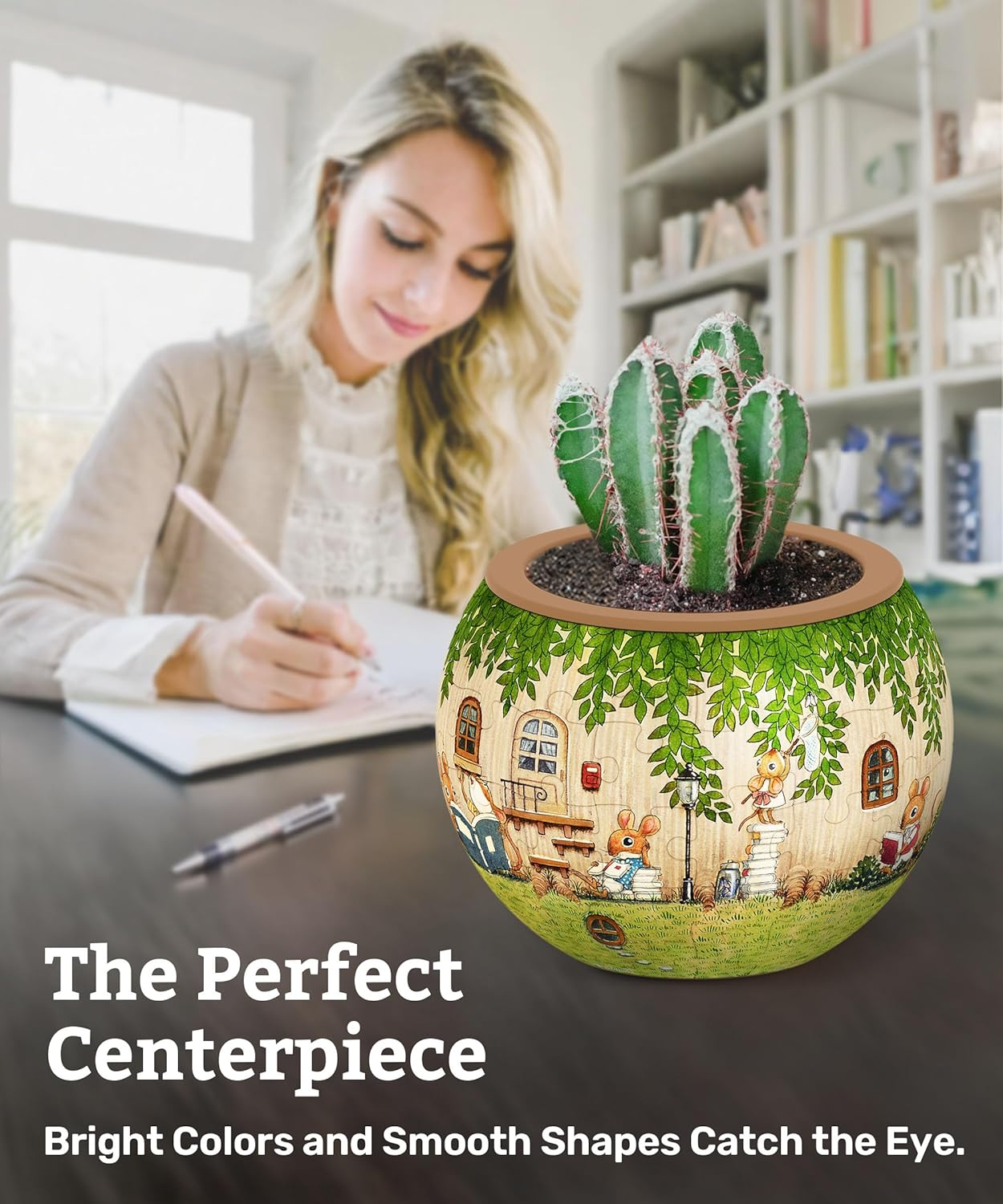 Piecerelax 3D Puzzle Planter - Smart - Happy Reading - Small round Plant Pots with Drainage, Home Decor Flower Pots for Indoor Cactus, Succulents Pots [K1102]