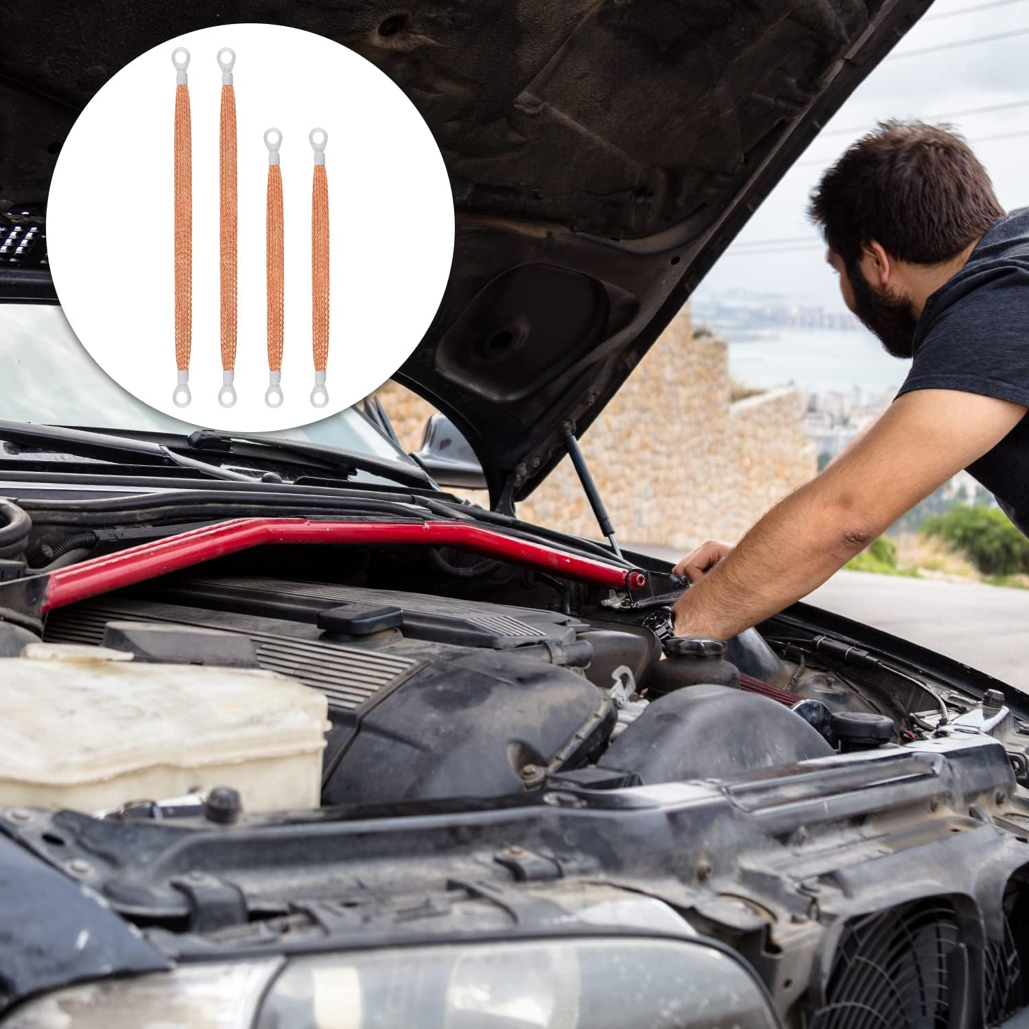 LUTER 4Pcs Universal Automotive Ground Strap Kit, 13Inch / 10Inch Vehicle Engine Ground Strap, Sturdy Woven Copper with 5/16" Rings Terminal (Copper Color) image number 6