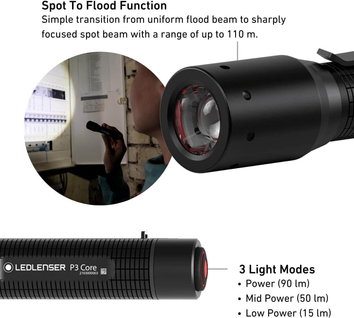 Ledlenser P3 CORE - Premium Battery Operated LED Torch, 90Lm IP54 Water Resistant Ultra-Compact, Lightweight Flashlight, Perfect Hiking, Camping Torch (Batteries Included) Black image number 1