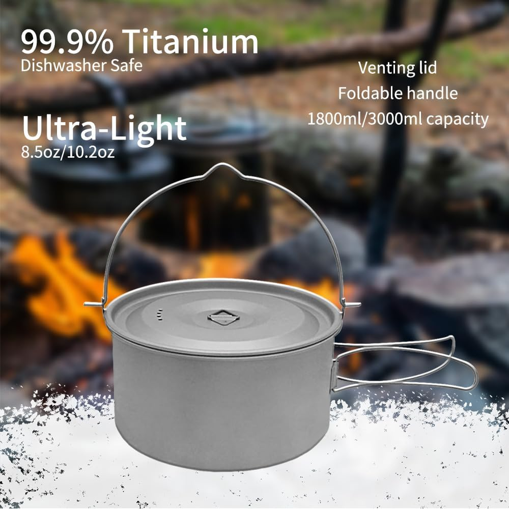 1.8L/3L Titanium Pot Light Hanging Pot with Lid and Foldable Handle Outdoor Camping Hiking Backpacking Picnic image number 3