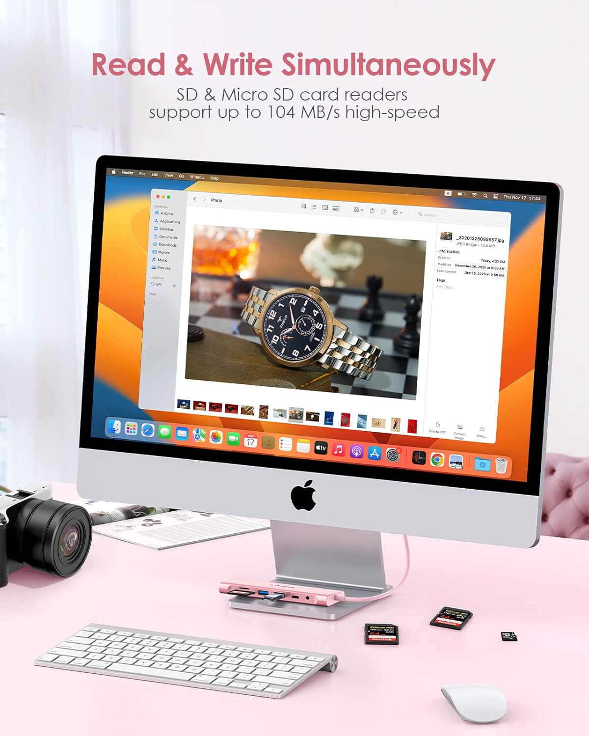 LENTION 3.3FT Long Cable USB C Hub with 4K HDMI, 2 USB 3.0, Card Reader, Aux, Type C Data/Charging Compatible 2025-2016 Macbook Pro, Mac Air/Surface, More, Stable Driver Adapter (CB-C37, Rose Gold) image number 4