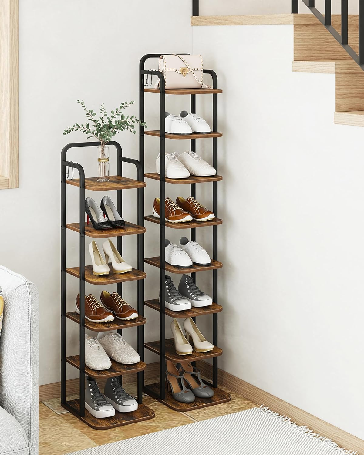 Hzuaneri Vertical Shoe Rack, Shoe Shelves, Wood Shoe Organizer for Closet, Entryway, Shoe Tower for Small Spaces, Free Standing, Adjustable, with 2 Hooks, 8 Tier Rustic Brown SR04301B image number 7