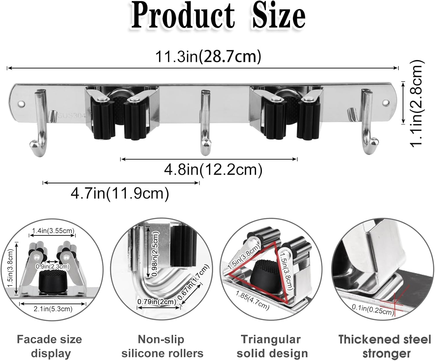 Broom and Mop Holder Wall Mounted Garage Organizer Storage Tool Racks Stainless Steel Heavy Duty Hooks Self Adhesive Solid Non-Slip Rustproof Durable Wall Hangers for Home, Kitchen, Garden, Laundry Room, Garage Organization and Storage (2 Racks & 3 Hooks) image number 6