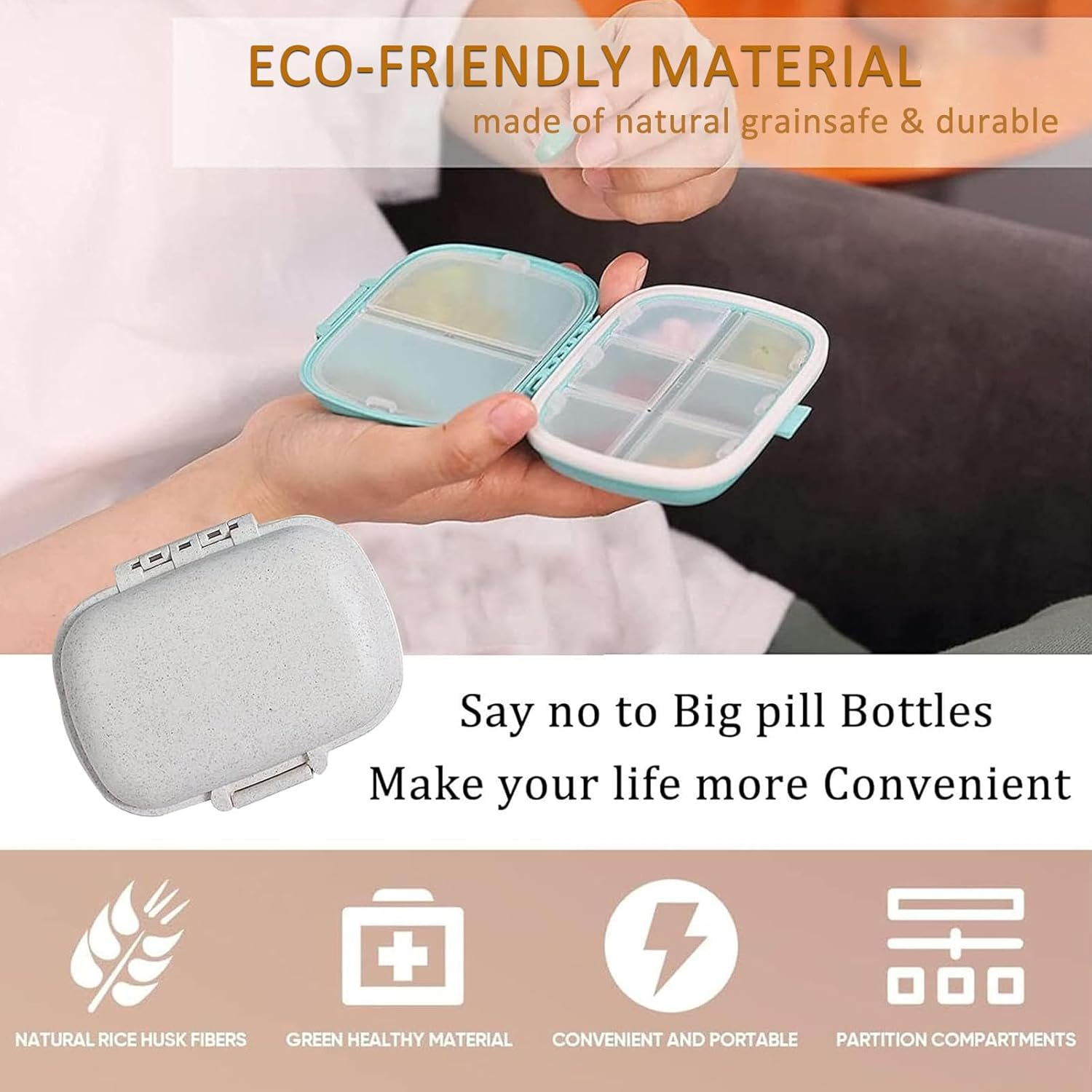 3 Pack Travel Pill Organizer, Daily Pill Organizer Travel, 8 Compartments Portable Pill Case, Compact Medicine Containers(Blue, White，Pink) image number 2