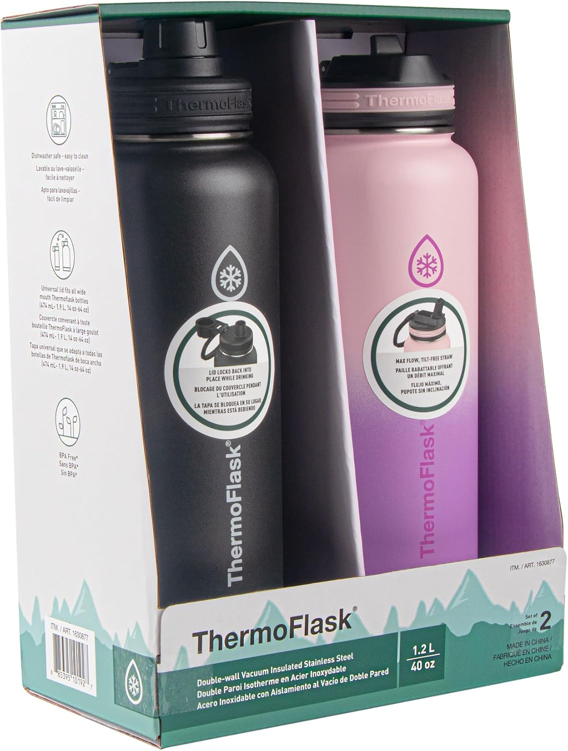 Thermoflask Stainless Steel Water Bottle, 40 Oz, 2-Pack (Silver/Blue Brushed)