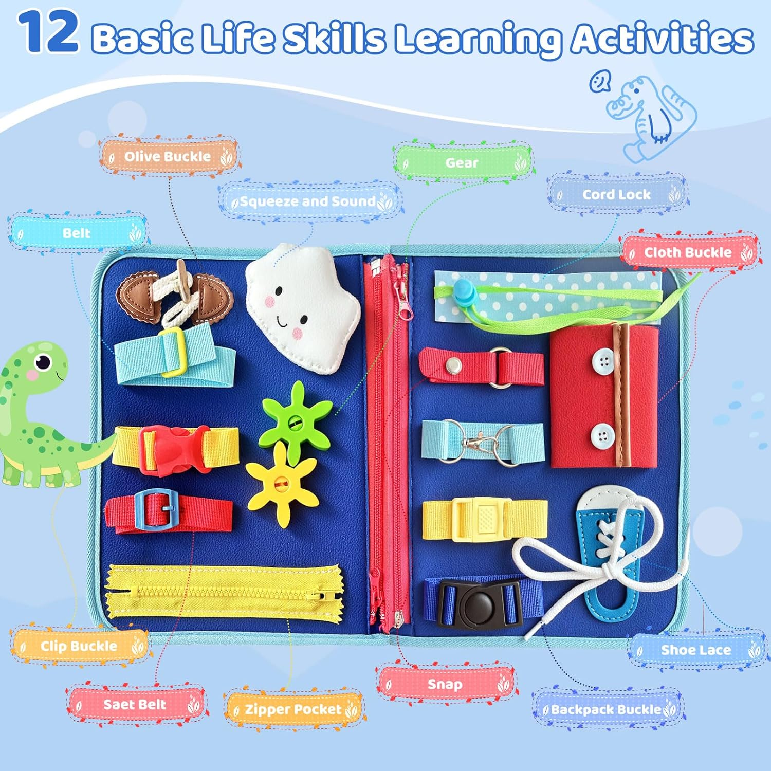 LOVELEDI Busy Board Montessori Toys for Toddlers - Kids Sensory Toys Busy Book Preschool Educational Activities with Zipper Removable for 2 3 4 5 Year Old Boys, Travel Toy Learning Fine Motor Skills - Blue image number 2