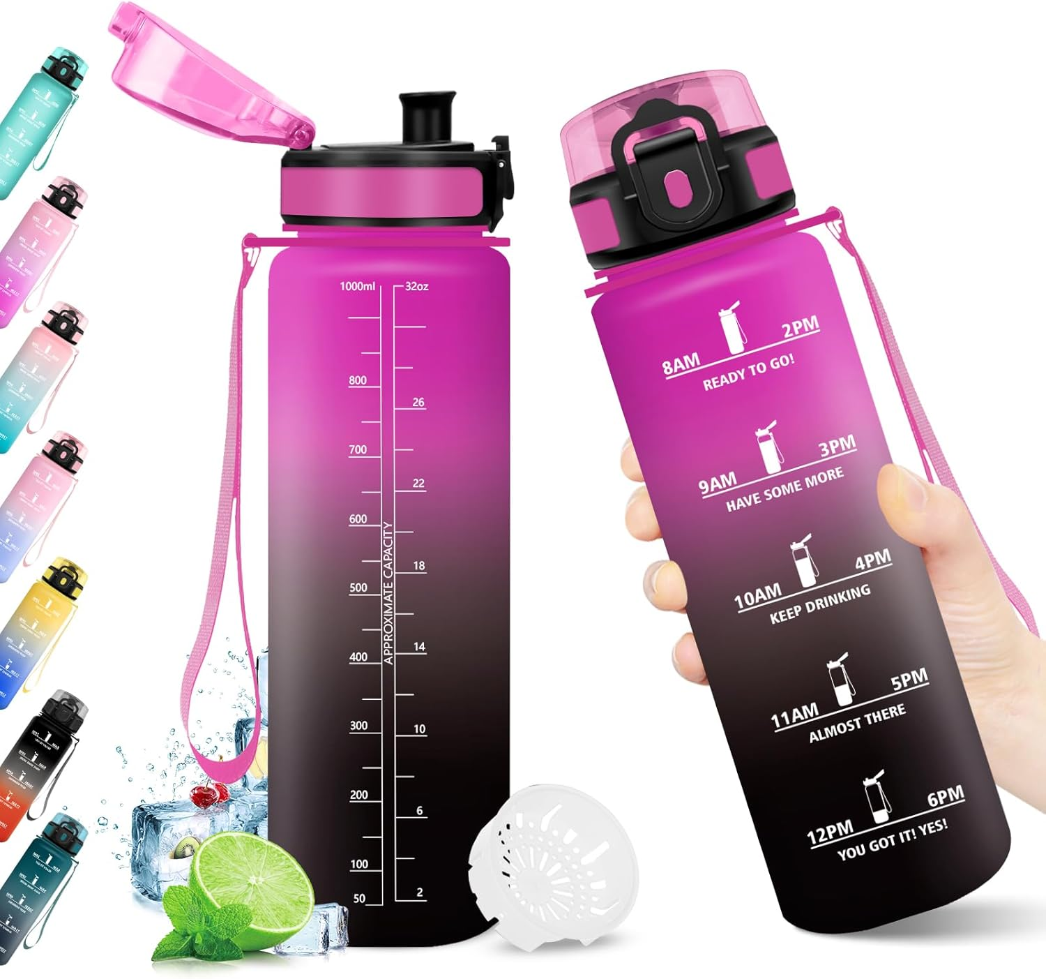 Water Bottle 500 Ml, Water Bottle with Time Marking, Water Bottle with Filter, Leak-Proof, Bpa-Free, Sports Bottle for Fitness, Bike, Office, School, Outdoor, Yoga, Adults, Suitable for Sparkling